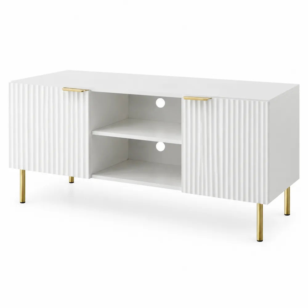 Meuble TV en MDF avec pieds en métal doré et portes