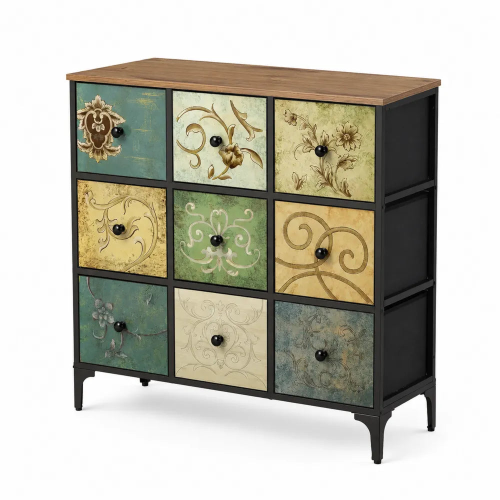 Commode 9 tiroirs en bois et métal avec motifs décoratifs