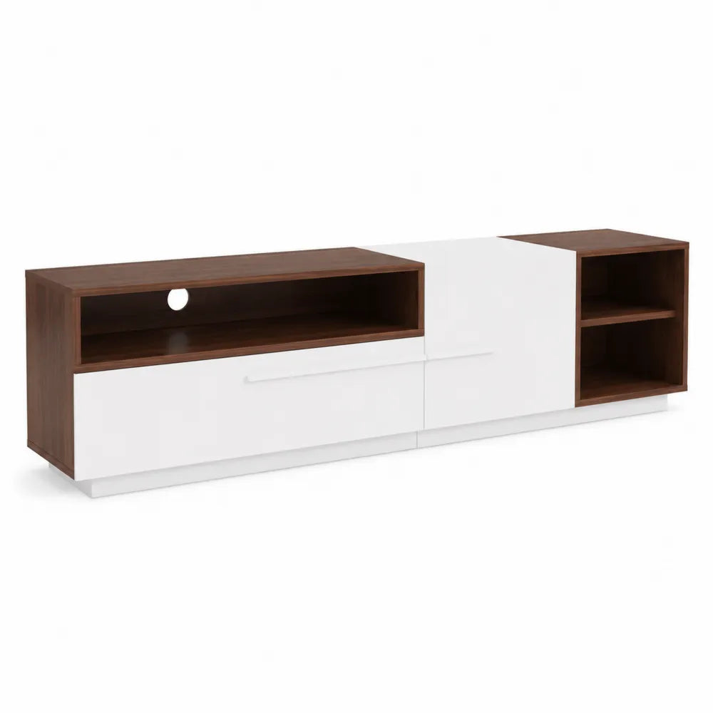Meuble TV en Bois Blanc et Marron avec Rangements 180x40x50 cm