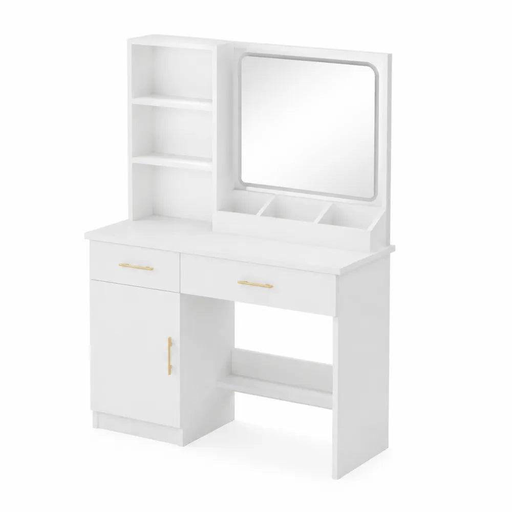 Coiffeuse en bois avec miroir et étagères blanches