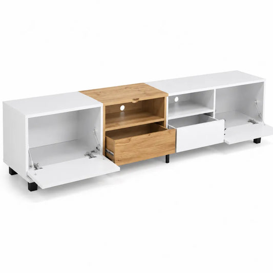 Meuble TV modulable en bois et blanc avec étagères et tiroirs 180 cm