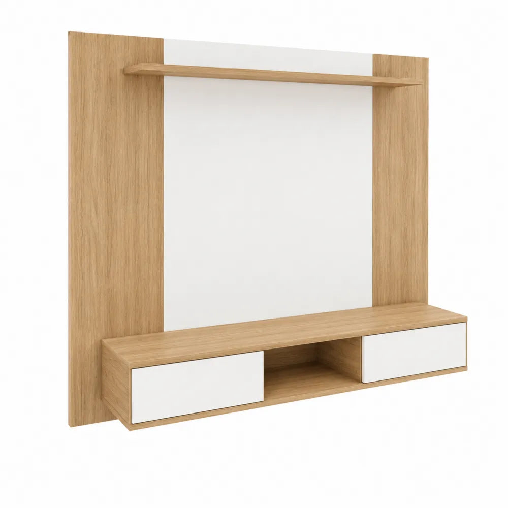 Meuble TV en bois MDF Chêne et Blanc avec étagère et tiroirs