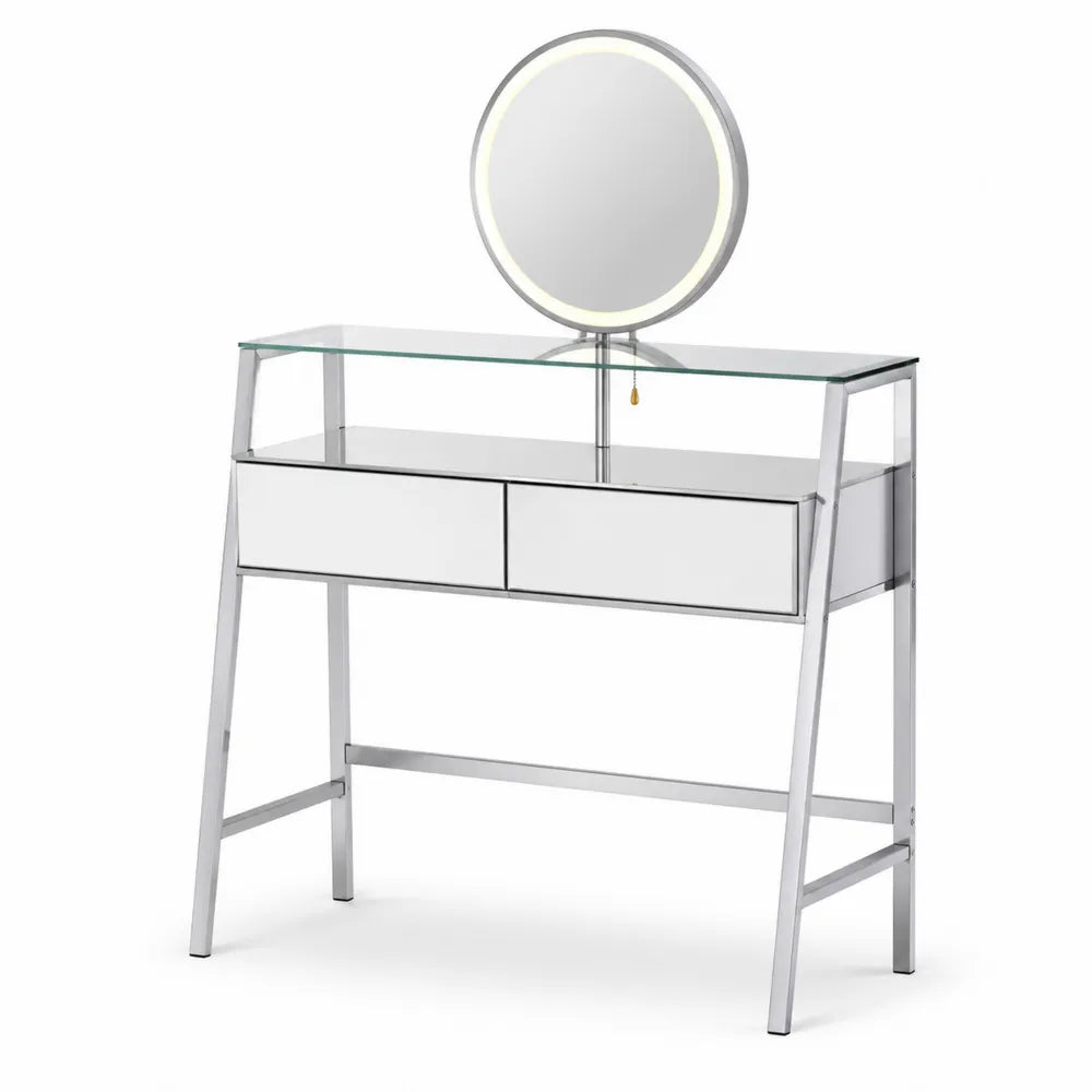Coiffeuse en métal argenté avec miroir LED et verre trempé