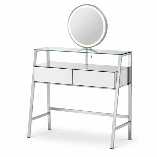 Coiffeuse en métal argenté avec miroir LED et verre trempé
