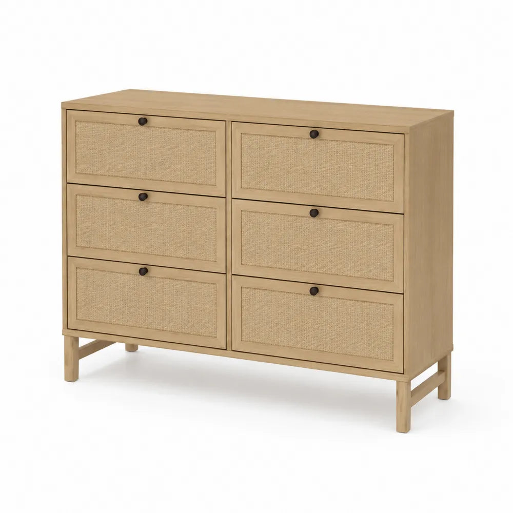 Commode en bois et rotin à 6 tiroirs