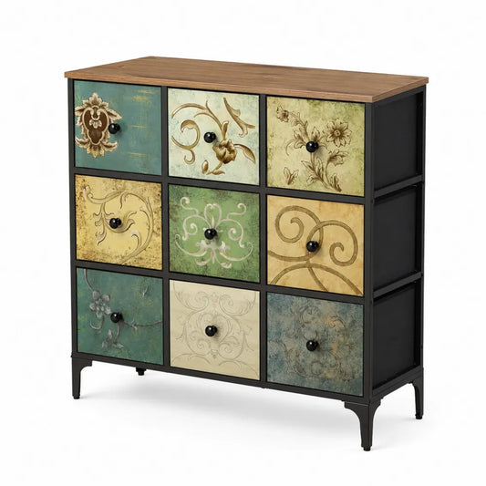 Commode 9 tiroirs en bois et métal avec motifs décoratifs