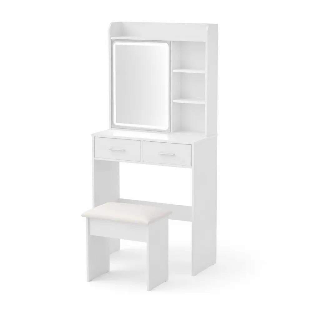 Coiffeuse en bois avec miroir et tabouret, 2 tiroirs, 140x75x40 cm