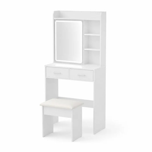 Coiffeuse en bois avec miroir et tabouret, 2 tiroirs, 140x75x40 cm