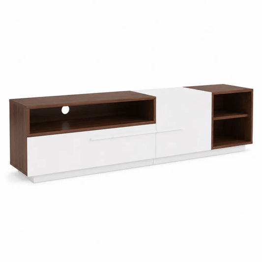 Meuble TV en Bois Blanc et Marron avec Rangements 180x40x50 cm