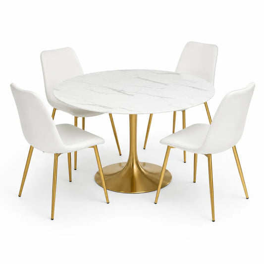 Ensemble salle à manger table ronde marbre et chaises similicuir blanc