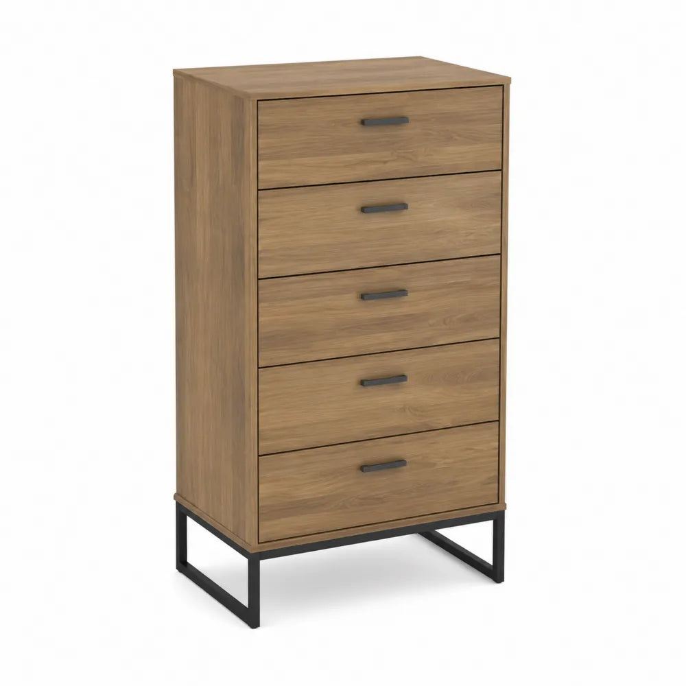 Commode 5 tiroirs en bois chêne avec base métallique
