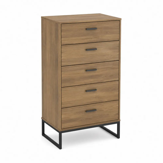 Commode 5 tiroirs en bois chêne avec base métallique