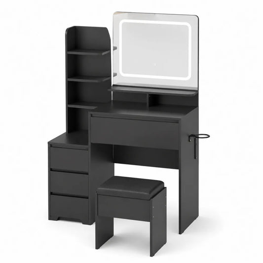 Coiffeuse noire avec miroir LED et tabouret, 120 cm